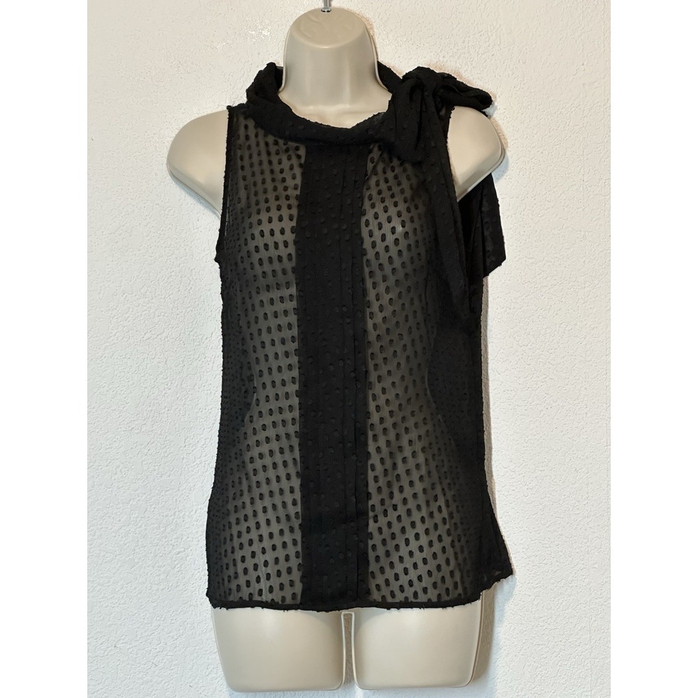 New Banana Republic Size 0 Sheer Black Blouse Tie Neck Sleeveless Preppy Coquett